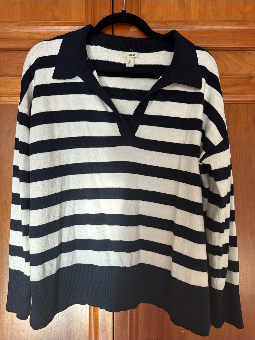 L.L. Bean Navy and White Striped V-Neck Collared Sweater